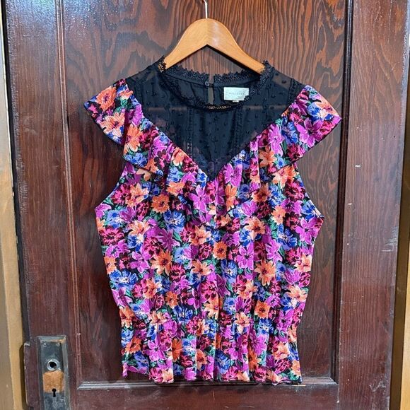 MELLODAY Tops - MELLODAY Vibrant Floral Blouse with Black Sheer Neckline